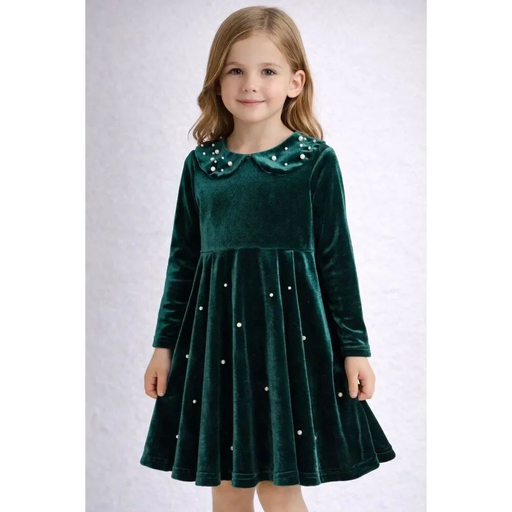 SHEIN Girls Green Velvet Dress Pearl Collar Long Sleeve Size 5Y Party Holiday